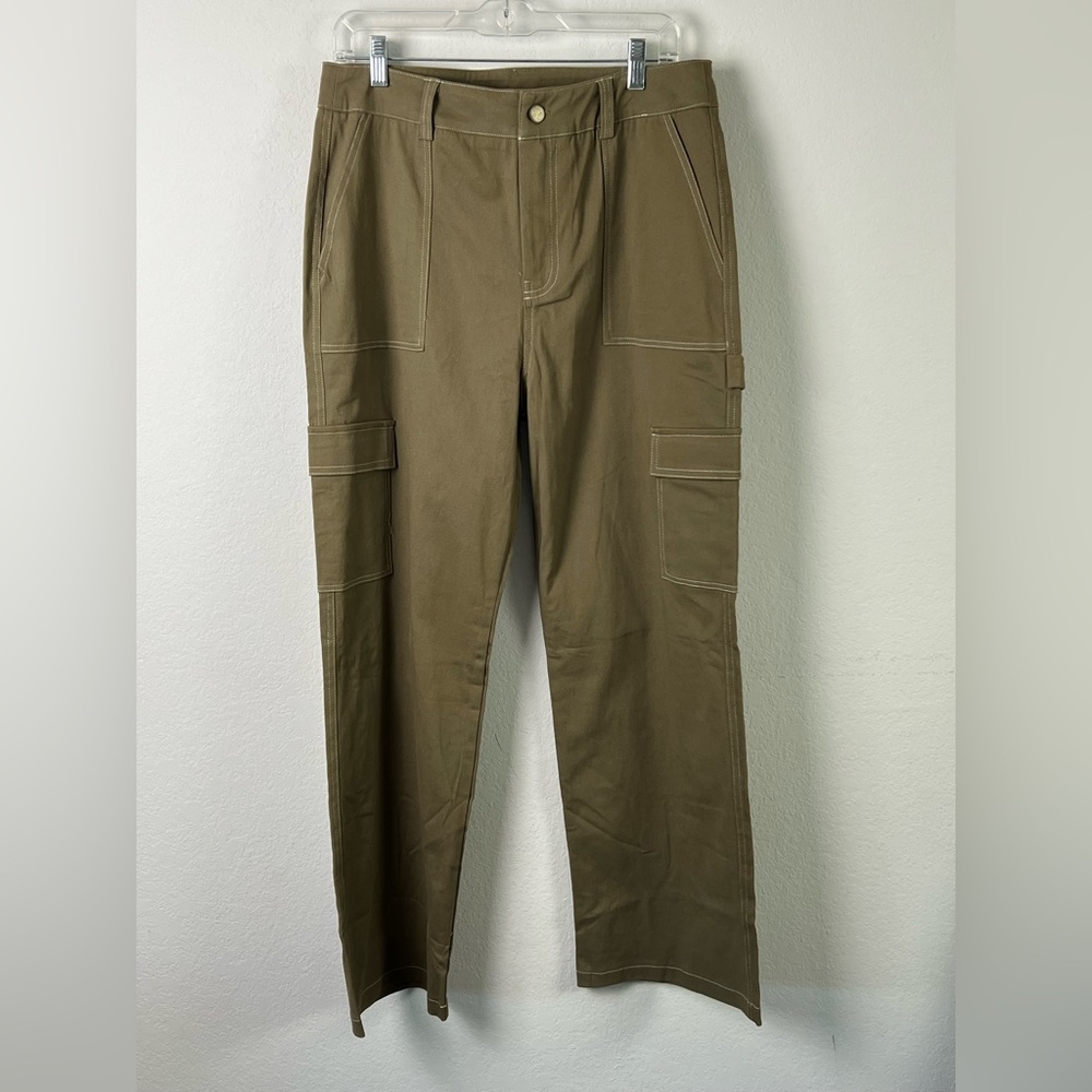 Hem & Thread Olive Green Cotton Spandex Straight Leg Cargo Pants Fall Vacation